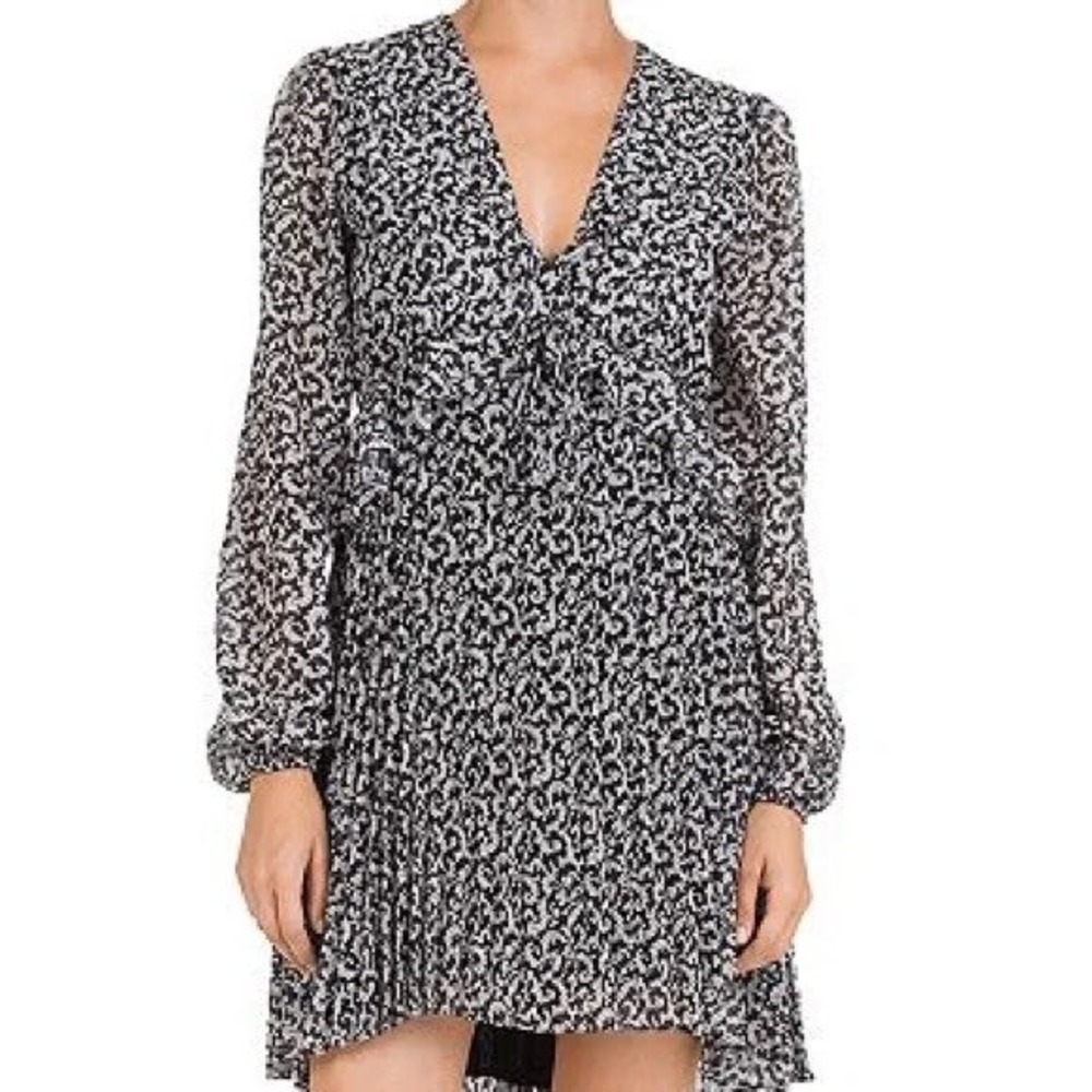 The Kooples Baroque Lace Dress Black White Floral Mini V-Neck Long Sleeve Size 0